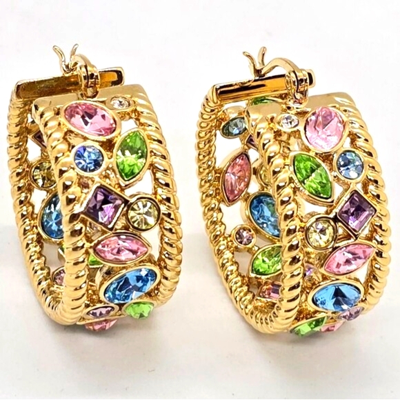 Massive Fashion Hoop Earrings Pastel Colorful Rhinestones 1 5/16 x 1 1/8in Gold - Picture 1 of 6